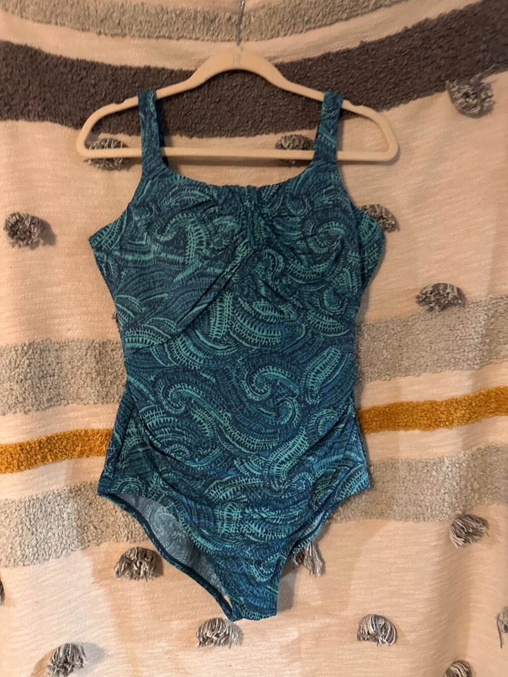 Lands' End Slender Suit One Piece Swimsuit Teal Navy Paisley 14DDD Underwire